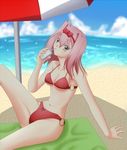  1girl beach bikini cup drink hair_ribbon pink_hair ribbon sand straw swimsuit tag_force tasha tsan_dire water yu-gi-oh! yuu-gi-ou_5d&#039;s yuu-gi-ou_5d's 