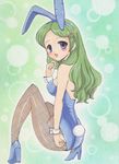  absurdres animal_ears ass back bad_id bad_pixiv_id blue_eyes blue_leotard breasts bunny bunny_ears bunny_tail bunnysuit fishnet_pantyhose fishnets green_background green_hair high_heels highres kimidori_emiri leotard long_hair marker_(medium) medium_breasts open_mouth pantyhose rascal_(n119) shoes smile solo suzumiya_haruhi_no_yuuutsu tail traditional_media 