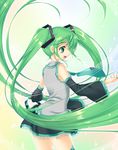  bad_id bad_pixiv_id detached_sleeves earrings floating_hair green_eyes green_hair hatsune_miku jewelry long_hair musical_note nail_polish necktie open_mouth p.kibi skirt solo thighhighs twintails very_long_hair vocaloid 