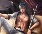  arrancar bleach bleeding blood blue_eyes blue_hair chain couch curtains espada grimmjow_jaegerjaquez hole_on_body jewelry lips looking_at_viewer male_focus open_clothes open_shirt pendant shirt sitting sword weapon wristband yang_fan 