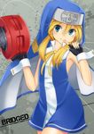  1boy arc_system_works blonde_hair blue_eyes blush bridget_(guilty_gear) crossdressing english fingerless_gloves gloves guilty_gear habit hat highres male male_focus nun payot ribbon short_hair sidelocks simple_background smile solo tama_e_akira trap victor_(tama_e_akira) wrist_cuffs yo-yo yoyo 