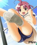  1girl ahoge clouds gym_uniform nakahara_komugi nurse_witch_komugi_chan pink_eyes pink_hair shoes sky 