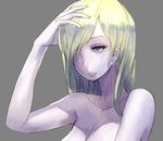  bad_id bad_pixiv_id blonde_hair blue_eyes breasts cleavage green_nails grey_background hair_over_one_eye hidezi light_smile long_hair medium_breasts nail_polish original simple_background solo topless 