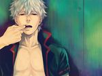  cheek_pull gintama kyuugou_(ninekoks) male_focus open_clothes open_shirt red_eyes sakata_gintoki shirt silver_hair solo 