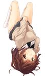  amagami blush breasts brown_eyes brown_hair kneehighs large_breasts mokoke panties sakurai_rihoko school_uniform short_hair skirt skirt_tug socks solo sweater underwear upside-down 