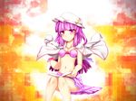  alternate_headwear bare_shoulders bikini book bow crescent hair_bow hat highres kazetto long_hair looking_at_viewer navel patchouli_knowledge purple_eyes purple_hair reading sitting solo swimsuit touhou very_long_hair 