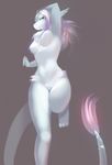 anthro arm_up bioluminescence blue_fur breasts dragon female fluff fur glowing kanel looking_at_viewer nude on_one_leg plain_background pose pussy simple_background solo standing tail_tuft tuft unknown_species white_body 