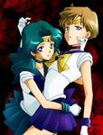  aqua_eyes aqua_hair back_bow bishoujo_senshi_sailor_moon blonde_hair blue_choker blue_eyes blue_sailor_collar blue_skirt bow choker floral_background flower gloves hamutarou hand_on_another's_face hug kaiou_michiru multiple_girls outer_senshi pleated_skirt rose sailor_collar sailor_neptune sailor_senshi sailor_senshi_uniform sailor_uranus short_hair short_sleeves skirt ten'ou_haruka tiara very_short_hair white_gloves yellow_bow 