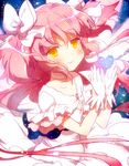  akemi_homura black_hair bow dress gloves hair_bow heart kaname_madoka kl long_hair magical_girl mahou_shoujo_madoka_magica pink_hair smile solo spoilers two_side_up ultimate_madoka yellow_eyes 