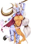  :d arm_up armpits bandages blue_skin blush bottomless breasts covered_nipples duplicate holding hooves horn jewelry kure_masahiro large_breasts league_of_legends leg_up long_hair looking_at_viewer monster_girl multi-tied_hair open_mouth pointy_ears ponytail pussy simple_background smile solo soraka staff tabard tattoo white_background white_hair wristband yellow_eyes 