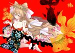  aoi_kimi bow breasts brown_eyes brown_hair cleavage hair_bow japanese_clothes kanro_ame_(ameko) kimono koi kyoukaisenjou_no_horizon large_breasts long_hair off_shoulder solo thighhighs very_long_hair 