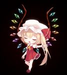  ascot black_background blonde_hair blush chibi closed_eyes flandre_scarlet hat hat_ribbon kushibi long_hair no_nose open_mouth outstretched_arm ribbon side_ponytail skirt skirt_set solo touhou very_long_hair wings wrist_cuffs 