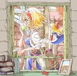  alice_margatroid apron autumn basket blonde_hair blue_eyes book bow capelet doll dress eating fifiruu flower food fruit hair_bow hairband leaf long_hair picture_frame ribbon road shanghai_doll short_hair street touhou window 