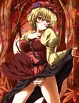  aki_minoriko autumn_leaves blonde_hair blush breasts cameltoe food fruit grapes hand_on_own_chest hat highres large_breasts looking_at_viewer panties red_eyes short_hair skirt skirt_lift smile solo striped striped_panties touhou tree underwear zan_(harukahime) 
