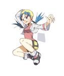  adjusting_clothes adjusting_hat bad_id bad_pixiv_id bangs bare_legs bike_shorts blue_eyes blue_hair crystal_(pokemon) full_body hat looking_at_viewer obaratihara pokemon pokemon_(game) pokemon_gsc simple_background smile solo twintails 