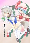  animal_ears ascot bat_wings blue_hair blush braid collar covering dog_ears dog_tail ema20 hat izayoi_sakuya kemonomimi_mode leash maid maid_headdress multiple_girls open_mouth panties panty_pull pet_play red_eyes remilia_scarlet short_hair silver_hair smile tail touhou twin_braids underwear wings yuri 