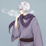  blue_background breath gintama male_focus nijita red_eyes sakata_gintoki scarf silver_hair simple_background solo 