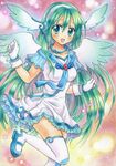  bad_id bad_pixiv_id dress gloves green_eyes green_hair hatsune_miku head_wings jewelry leg_lift long_hair marker_(medium) mary_janes muraten necklace open_mouth shoes solo thighhighs traditional_media very_long_hair vocaloid wings 