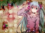  food fruit grapes hatsune_miku headphones long_hair musical_note solo sweater tsujiori twintails very_long_hair vocaloid 