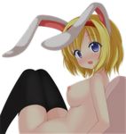  alice_margatroid animal_ears black_legwear blonde_hair blue_eyes blush breasts bunny_ears chimunge hairband highres large_breasts looking_at_viewer nipples nude short_hair simple_background solo thighhighs touhou white_background 