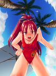  baywatch cloud day dyda fang from_below highres lifeguard long_hair looking_at_viewer mahou_shoujo_madoka_magica one-piece_swimsuit palm_tree ponytail red_eyes red_hair red_swimsuit ribbon sakura_kyouko sky swimsuit thigh_gap tree 