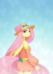  2018 5_fingers anthro blue_background breasts clothed clothing cute equine eyelashes feathered_wings feathers female flower fluttershy_(mlp) friendship_is_magic fully_clothed furgonomics gradient_background hair hat hi_res ladychimaera long_hair looking_at_viewer looking_back mammal my_little_pony pegasus pink_hair plant portrait simple_background smile solo standing sun_hat tail_wraps teal_eyes three-quarter_portrait wings wraps yellow_feathers 