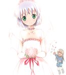  :d bare_shoulders bouquet dr_rex dress eila_ilmatar_juutilainen flower green_eyes holding kadowaki_mai long_hair multiple_girls o_o open_mouth outstretched_arm pantyhose petals sanya_v_litvyak seiyuu_connection short_hair silver_hair smile strike_witches veil wedding_dress world_witches_series 