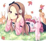  brown_hair bug bunny butterfly flower forehead grass hairband holding idolmaster idolmaster_(classic) insect leaf long_hair lying minase_iori mizunashi_kenichi on_stomach pantyhose skirt solo 