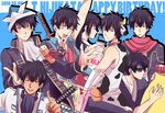  6+boys animal_costume bad_id bad_pixiv_id black_hair blue_eyes blush_stickers cow_costume gintama hijikata_toushirou japanese_clothes justaway multiple_boys multiple_persona ponytail scarf vest 