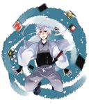  clearbluee floating gintama headband japanese_clothes joui male_focus motion_blur red_eyes sakata_gintoki silver_hair solo 