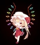  ascot black_background blonde_hair blush chibi flandre_scarlet hat hat_ribbon kushibi long_hair no_nose one_eye_closed open_mouth outstretched_arm red_eyes ribbon side_ponytail skirt skirt_set solo touhou very_long_hair wings wrist_cuffs 