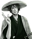  brown_hair curly_hair gintama haori hat japanese_clothes katana kimono male_focus muted_color nijita no_eyewear sakamoto_tatsuma sandogasa sheath sheathed simple_background solo sword weapon white_background 