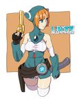  animal_hood bad_id bad_pixiv_id bare_shoulders belt beltskirt blue_eyes blue_leotard breath_of_fire breath_of_fire_v cat_hood detached_sleeves fingerless_gloves gloves gun hesuke holster hood leotard lin_(breath_of_fire) orange_hair solo tail thighhighs weapon zipper 