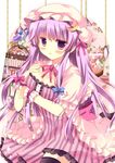  azumi_kazuki birdcage black_legwear blush breasts cage cleavage crescent dress gem hat large_breasts long_hair looking_at_viewer patchouli_knowledge purple_eyes purple_hair solo sparkle striped striped_dress thighhighs touhou vertical_stripes wrist_cuffs 