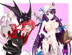  2girls artist_request book breasts cap crescent female hara3233reta_424 hat koakuma long_hair multiple_girls nude patchouli_knowledge purple_hair pussy red_hair torn_clothes touhou uncensored wings yin_yang ying-yang 