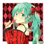  :t aqua_eyes aqua_hair argyle argyle_background bad_id bad_pixiv_id bare_shoulders bow candy colored_eyelashes food from_side hair_bow hatsune_miku holding lollipop long_hair long_sleeves looking_at_viewer lucarios nail_polish outside_border red_bow red_nails solo striped upper_body vertical_stripes vocaloid 