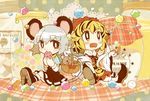  animal_ears animal_print basket black_dress black_hair blonde_hair blush candy candy_jar capelet chachi_(azuzu) chibi dress eating food hair_ornament long_sleeves mouse mouse_ears mouse_tail multicolored_hair multiple_girls nazrin open_mouth red_dress red_eyes short_hair silver_hair sitting smile tail tail_hold tiger_print toramaru_shou touhou two-tone_hair wide_sleeves yellow_eyes 