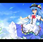  blue_hair blush bow cloud day dress food fruit hat hinanawi_tenshi leaf long_hair open_mouth outdoors peach puffy_sleeves red_eyes ribbon short_sleeves sky solo touhou uumenn 
