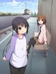  bag bench black_eyes black_legwear brown_eyes brown_hair casual hirasawa_yui jacket k-on! long_hair multiple_girls nakano_azusa pantyhose raglan_sleeves short_hair tata_(tataice) twintails 