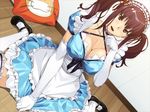  1girl breasts brown_eyes brown_hair cleavage game_cg indoors large_breasts long_hair looking_at_viewer maid maid_headdress open_mouth pillow shima_ushitora shoes sitting smile socks solo twintails 