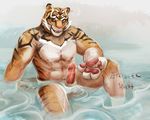  anthro balls biceps blue_eyes body_markings erection feline fur huge_muscles looking_at_viewer male mammal markings muscles nipples nude paws pecs penis pose scar sheath shina_(pro2000g) sitting solo stripes tattoo tiger water wet 