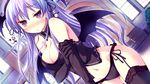  :&lt; bat_wings black_gloves black_legwear black_panties blush breast_lift breasts cleavage corset demon_girl elbow_gloves game_cg garter_straps gloves hair_ornament head_wings headband highres holding_arm iro_ni_ide_ni_keri_waga_koi_wa ko~cha large_breasts lavender_hair long_hair misono_misono navel panties purple_eyes purple_hair shy side-tie_panties solo succubus thighhighs underwear very_long_hair wings 