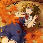  alice_margatroid autumn_leaves bird blonde_hair blue_eyes blush capelet chestnut hairband leaf lying maple_leaf nut_(food) on_back solo touhou unasaka_ryou 