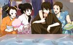  2girls alternate_hairstyle bad_id bad_pixiv_id basin black_hair brown_eyes brown_hair chitanda_eru cotton_candy double_bun fish fukube_satoshi goldfish goldfish_scooping green_eyes hair_bun hyouka ibara_mayaka japanese_clothes kimono long_hair minalos multiple_boys multiple_girls oreki_houtarou purple_eyes red_eyes short_hair squatting yukata 