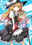  blonde_hair bow braid grin guitar hat hat_bow highres holding instrument ken123456 kirisame_marisa long_hair looking_at_viewer microphone single_braid smile solo star touhou white_bow witch_hat yellow_eyes 