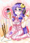  :p bespectacled blush_stickers crescent crescent_hair_ornament glasses hair_ornament hair_ribbon headphones ice_cream_cone kneeling long_hair no_nose patchouli_knowledge purple_eyes purple_hair ribbon smile solo tongue tongue_out touhou tsuyusatomazaru 