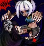  2girls animal_ears artist_request black_hair blue_eyes breasts claws dark_skin filia_(skullgirls) midriff ms._fortune_(skullgirls) multiple_girls nadia_fortune parasite red_eyes samson_(skullgirls) scar skullgirls sleeveless sleeveless_turtleneck teeth turtleneck underboob white_hair 