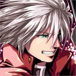  blazblue clenched_teeth coat green_eyes lowres male_focus manly_tears purple_background ragna_the_bloodedge solo spiked_hair tears teeth white_hair zill_(lisalisa1983) 