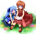  alternate_color bad_id bad_pixiv_id bare_shoulders belt blue_eyes blue_hair blush book brown_hair buckle dress hair_ribbon light_smile long_hair long_skirt lyrical_nanoha magical_girl mahou_shoujo_lyrical_nanoha mahou_shoujo_lyrical_nanoha_a's mahou_shoujo_lyrical_nanoha_a's_portable:_the_battle_of_aces material-l material-s miniskirt multicolored_hair multiple_girls no_gloves no_jacket open_mouth purple_eyes ribbon satsuki_suzuran short_hair skirt sleeveless thighhighs twintails two-tone_hair 