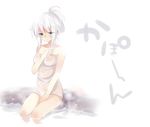  anceril_sacred bad_id bad_pixiv_id blue_eyes breasts hand_on_leg hand_on_own_chest light_smile long_hair medium_breasts mishima_kurone original ponytail shirokami_project sitting solo steam towel water wet white_hair 